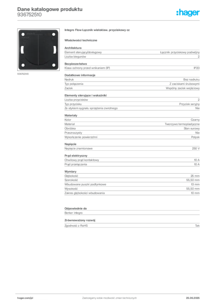 Zdjęcie Hager Karta katalogowa 936752510 | Hager Polska