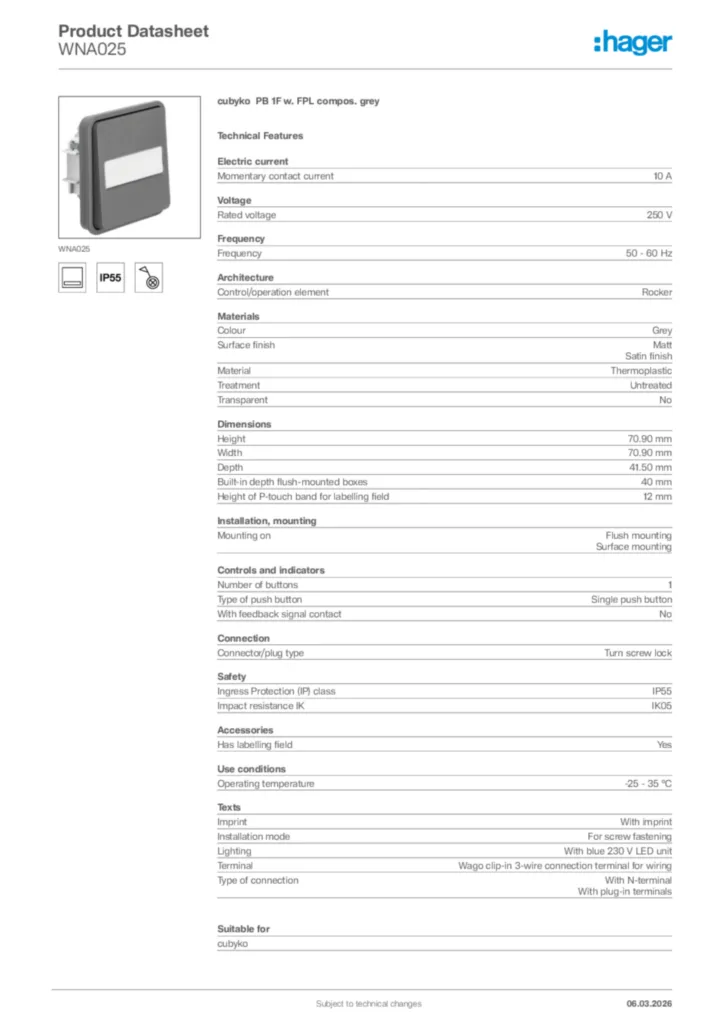 Image Hager Product data sheet WNA025  | Hager Africa