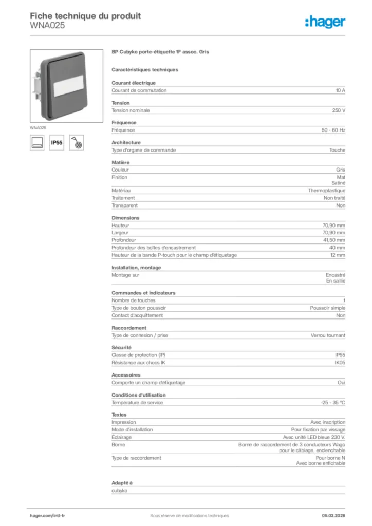 Image Hager Fiche technique du produit WNA025 | Hager Afrique