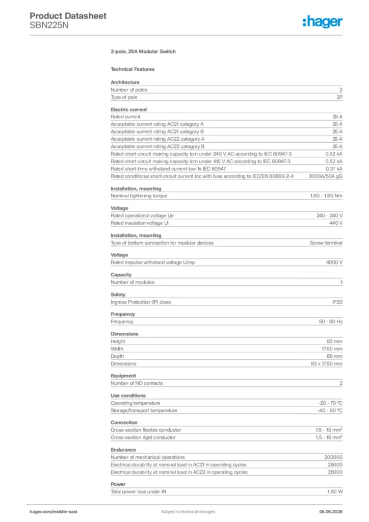 Image Hager Product data sheet SBN225N  | Hager