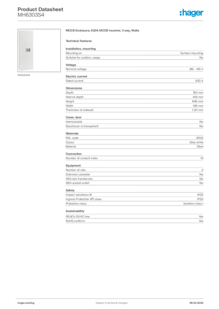 Image Hager Product data sheet MH6303S4  | Hager