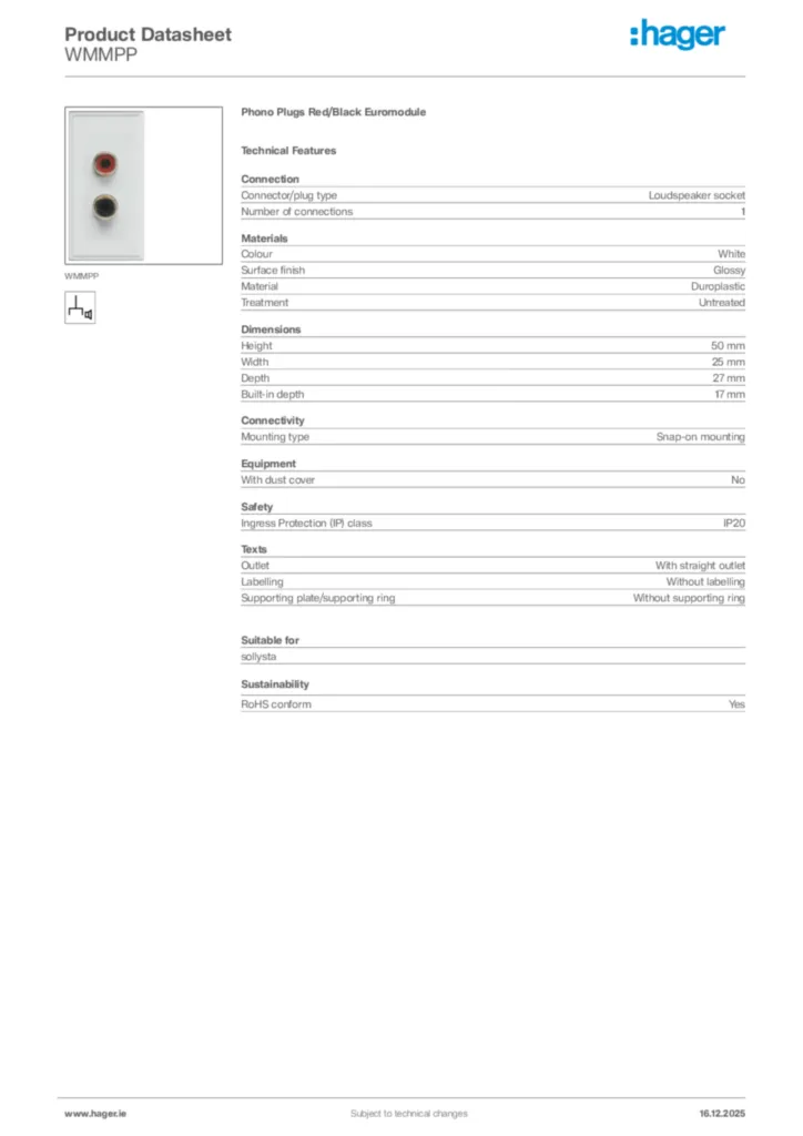 Image Hager Product data sheet WMMPP  | Hager