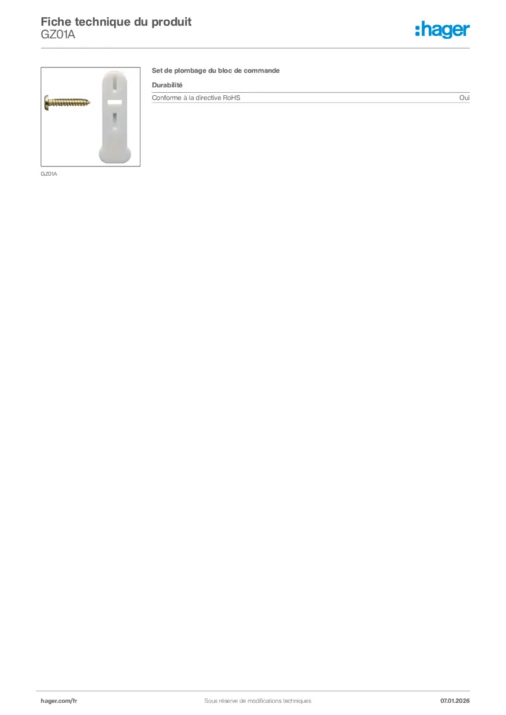 Image Hager Fiche technique du produit GZ01A | Hager France