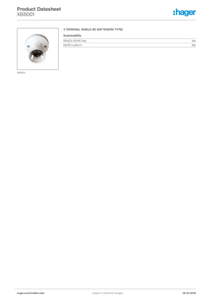 Image Hager Product data sheet XB8001  | Hager