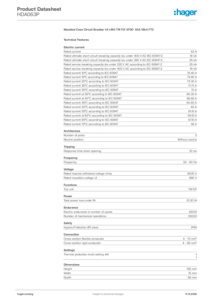 Image Hager Product data sheet HDA063P  | Hager