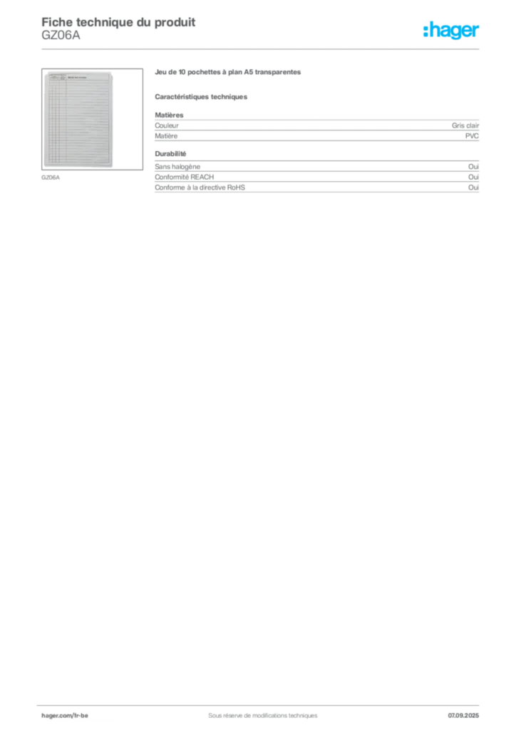 Image Hager Fiche technique du produit GZ06A | Hager Belgique