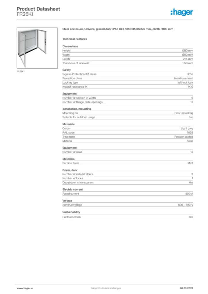 Image Hager Product data sheet FR26K1  | Hager