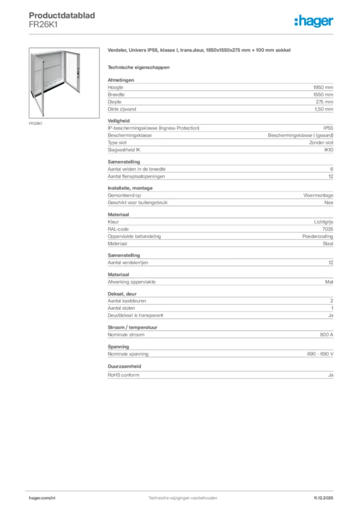 Afbeelding Hager Productdatablad FR26K1 | Hager Nederland