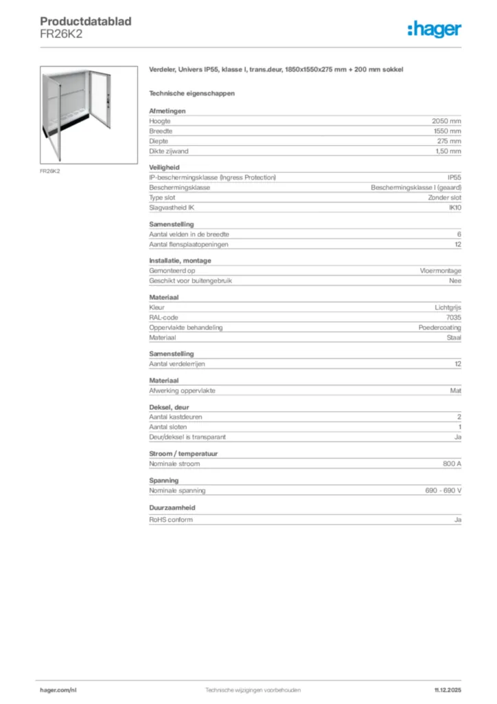 Afbeelding Hager Productdatablad FR26K2 | Hager Nederland