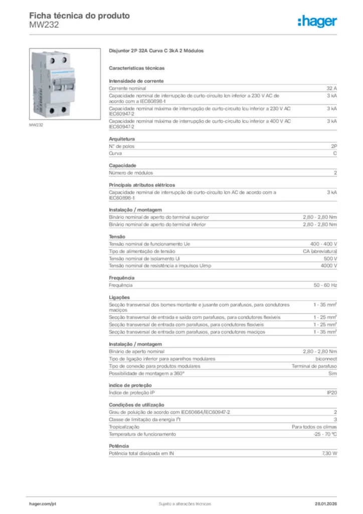Imagem Hager Ficha técnica do produto MW232 | Hager Portugal