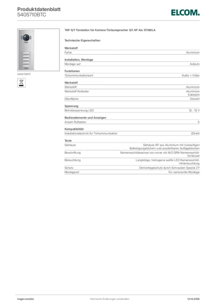 Bild Elcom Produktdatenblatt 5405710BTC | Hager Deutschland