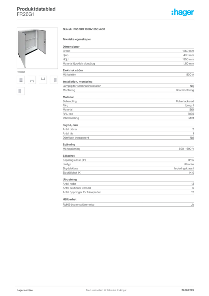 Bild Hager Produktdatablad FR26G1 | Hager Sverige
