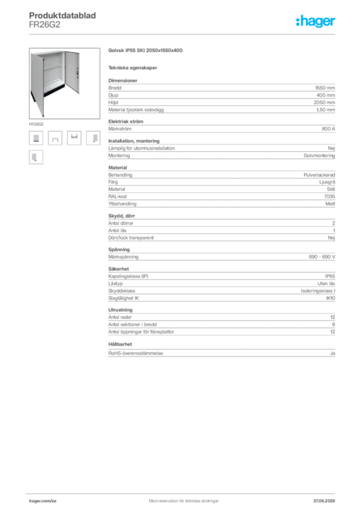 Bild Hager Produktdatablad FR26G2 | Hager Sverige