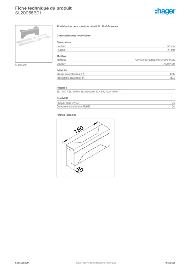 Image Hager Fiche technique du produit SL200558D1 | Hager France