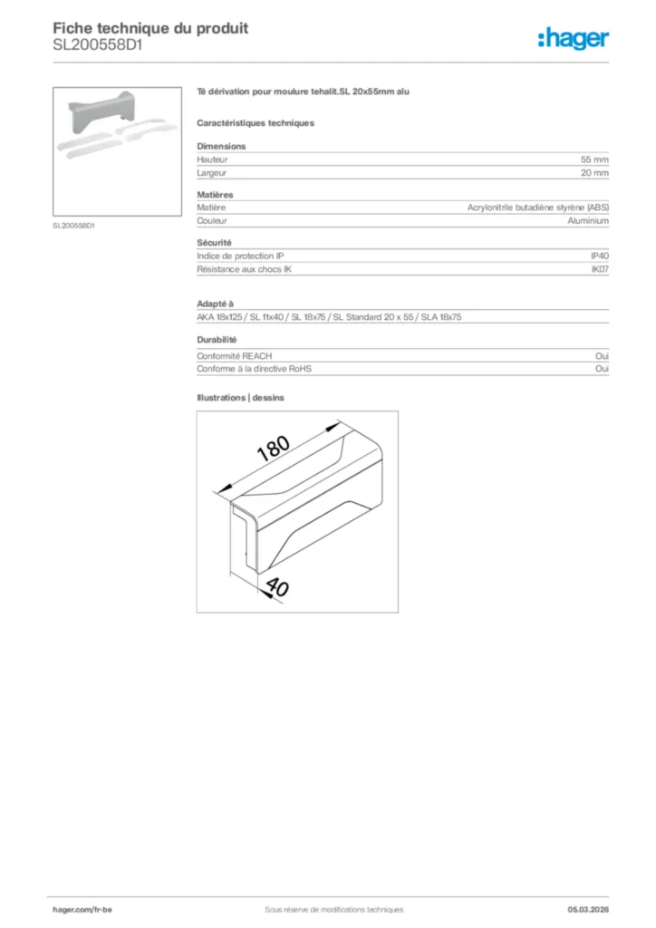 Image Hager Fiche technique du produit SL200558D1 | Hager Belgique
