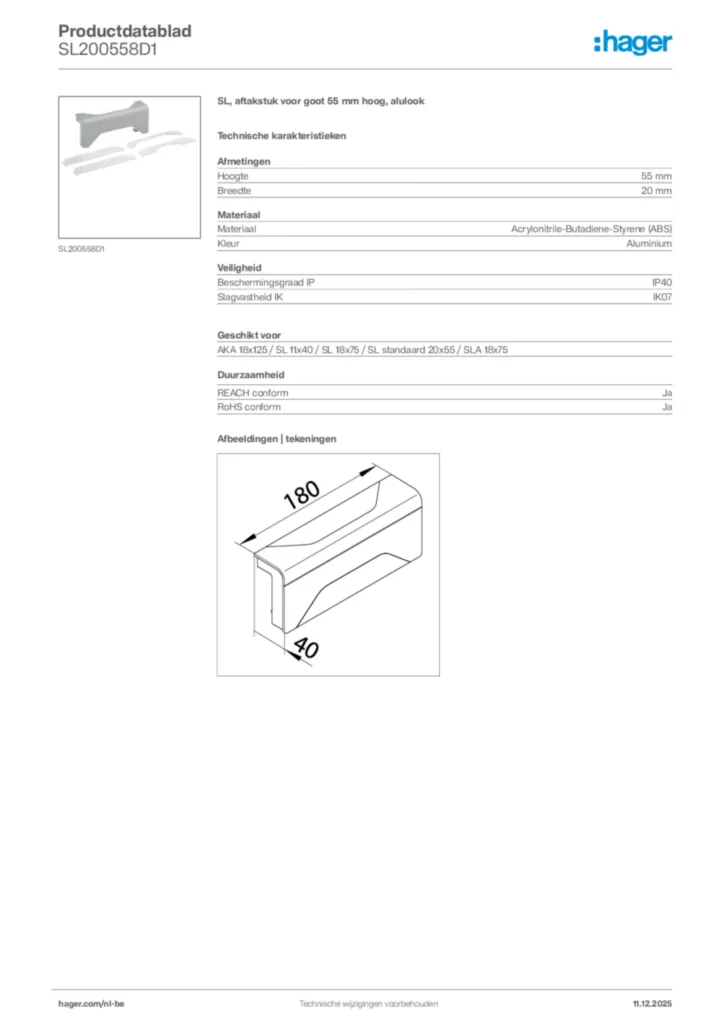 Afbeelding Hager Productdatablad SL200558D1 | Hager Belgium
