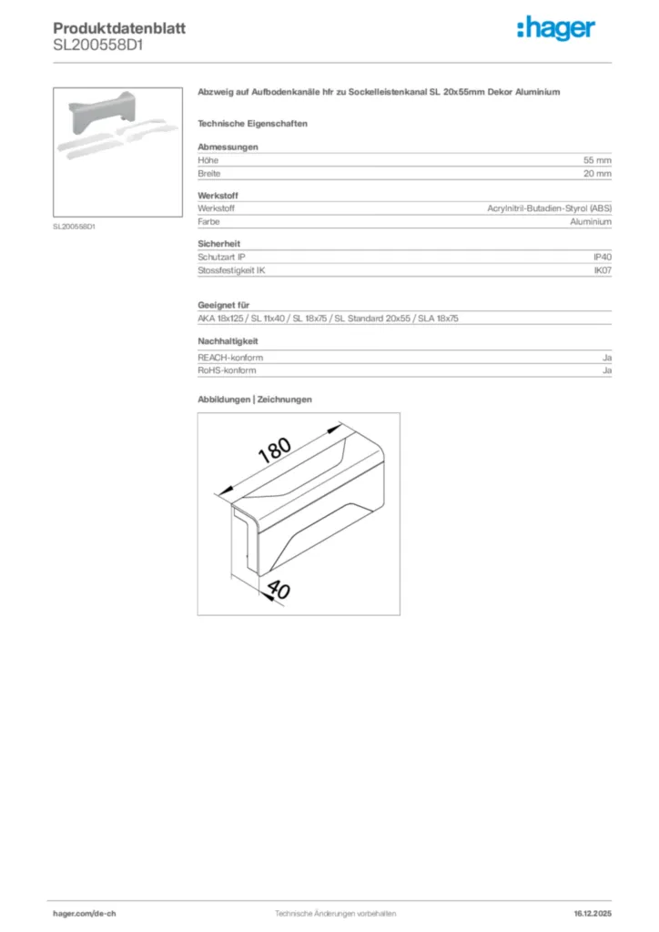 Bild Hager Produktdatenblatt SL200558D1 | Hager Schweiz