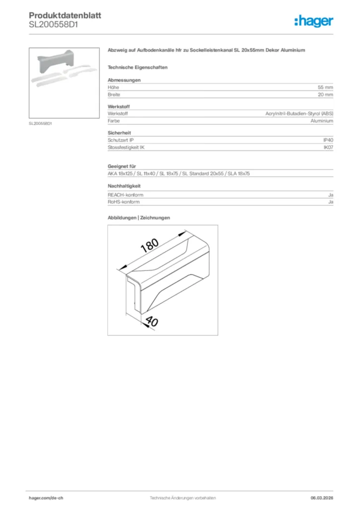 Bild Hager Produktdatenblatt SL200558D1 | Hager Schweiz