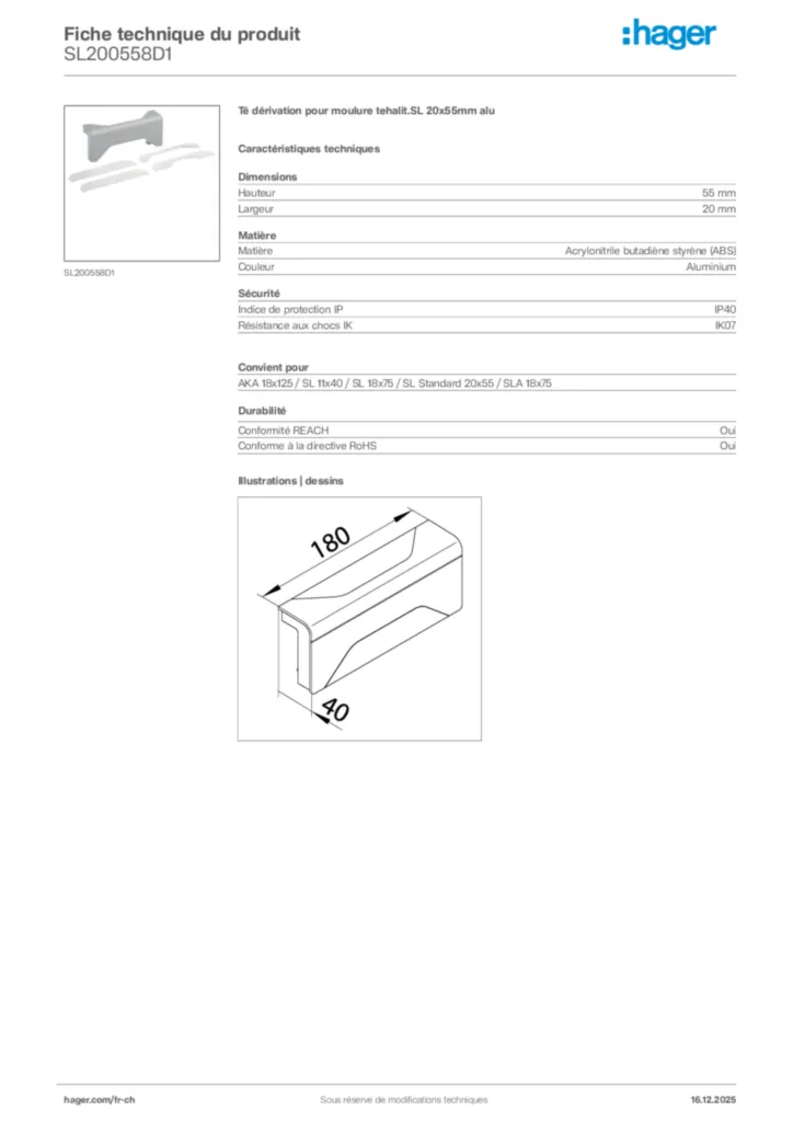 Image Hager Fiche technique du produit SL200558D1 | Hager Suisse