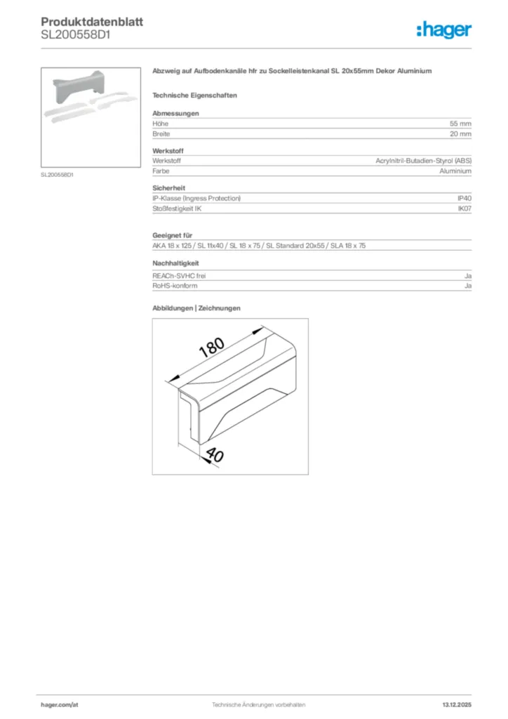 Bild Hager Produktdatenblatt SL200558D1 | Hager Deutschland