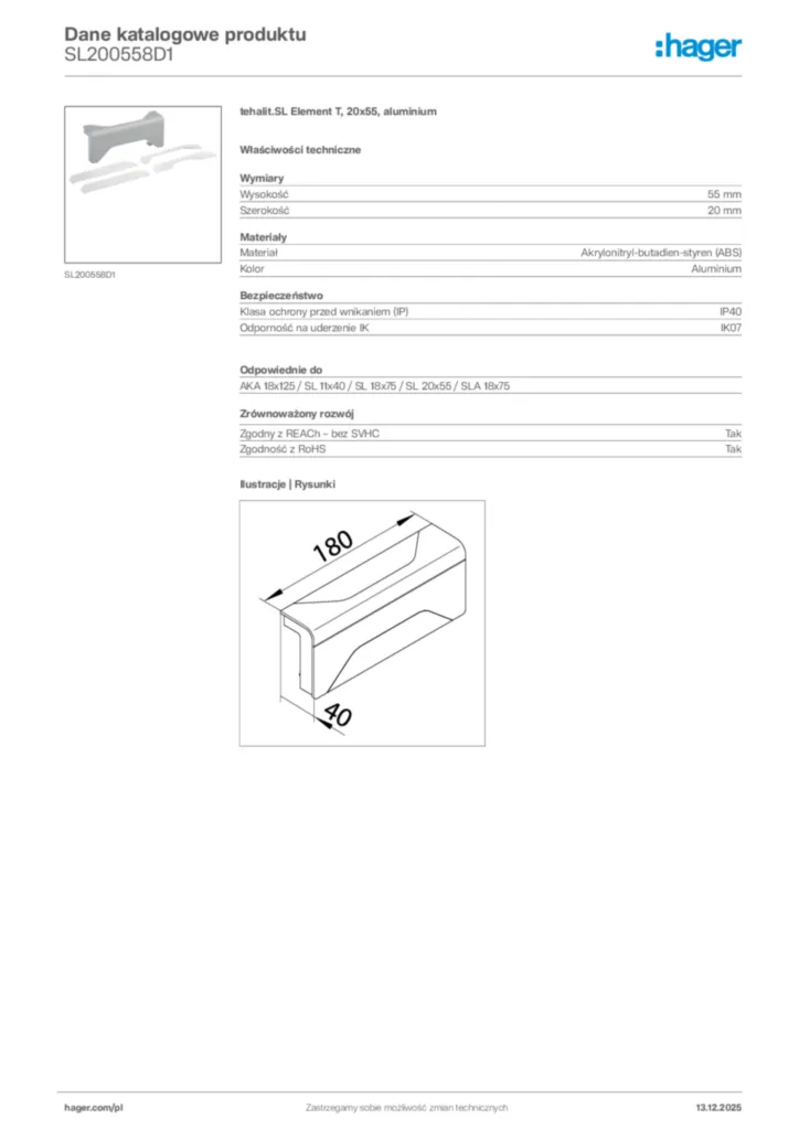 Zdjęcie Hager Karta katalogowa SL200558D1 | Hager Polska