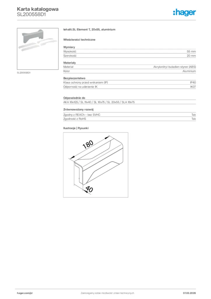Zdjęcie Hager Karta katalogowa SL200558D1 | Hager Polska