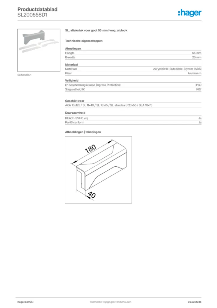 Afbeelding Hager Productdatablad SL200558D1 | Hager Nederland
