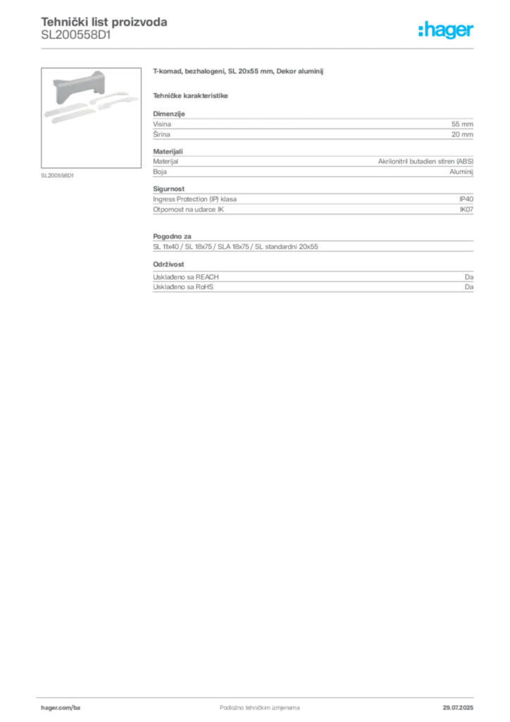 Slika Hager Product data sheet SL200558D1  | Hager