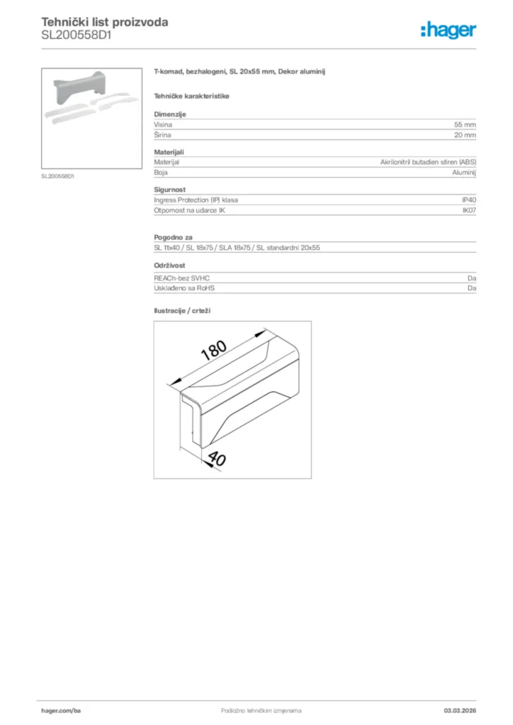 Slika Hager Tehnički list proizvoda SL200558D1  | Hager