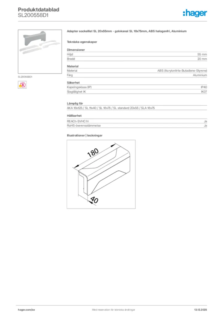 Bild Hager Produktdatablad SL200558D1 | Hager Sverige