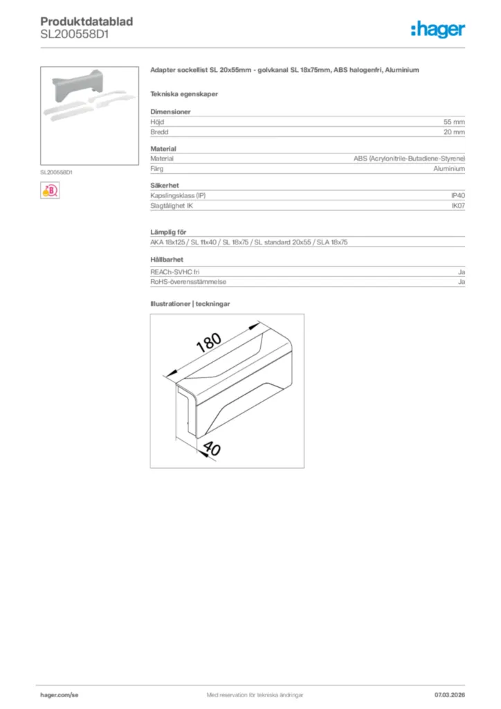Bild Hager Produktdatablad SL200558D1 | Hager Sverige