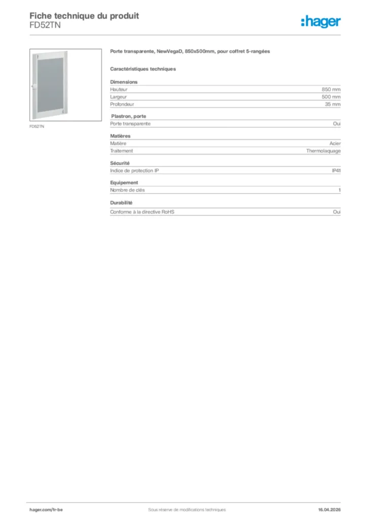 Image Hager Fiche technique du produit FD52TN | Hager Belgique