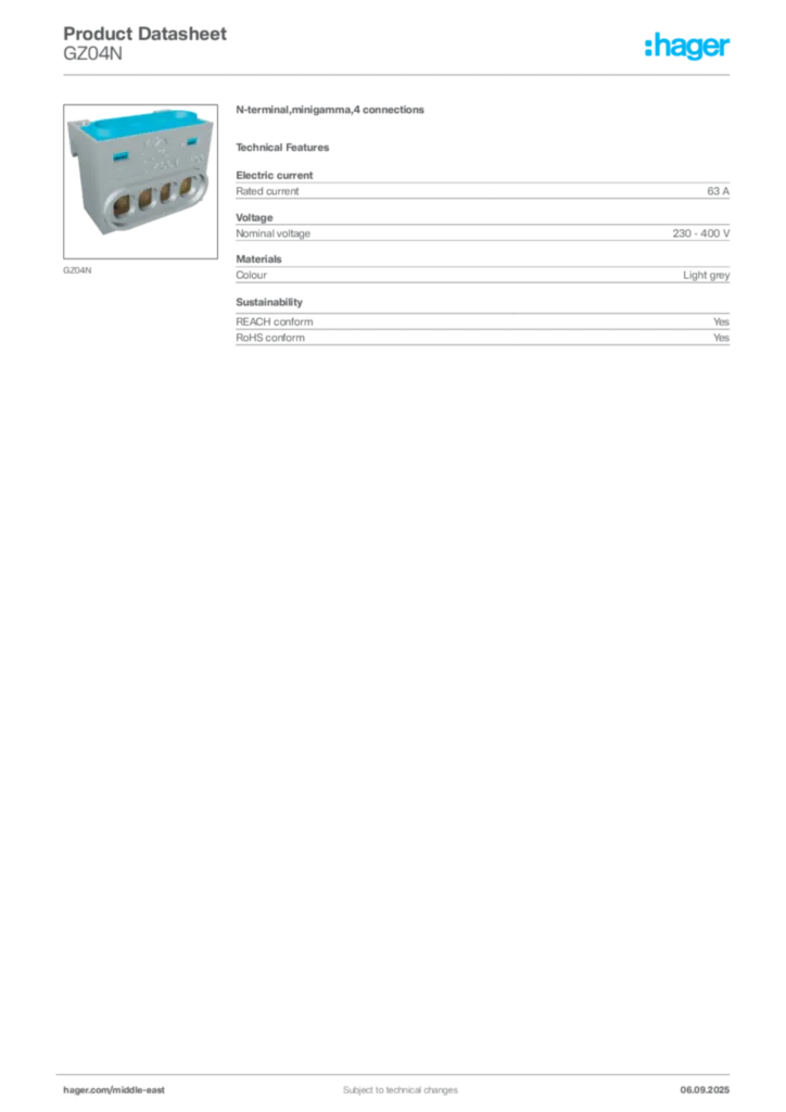 Image Hager Product data sheet GZ04N  | Hager
