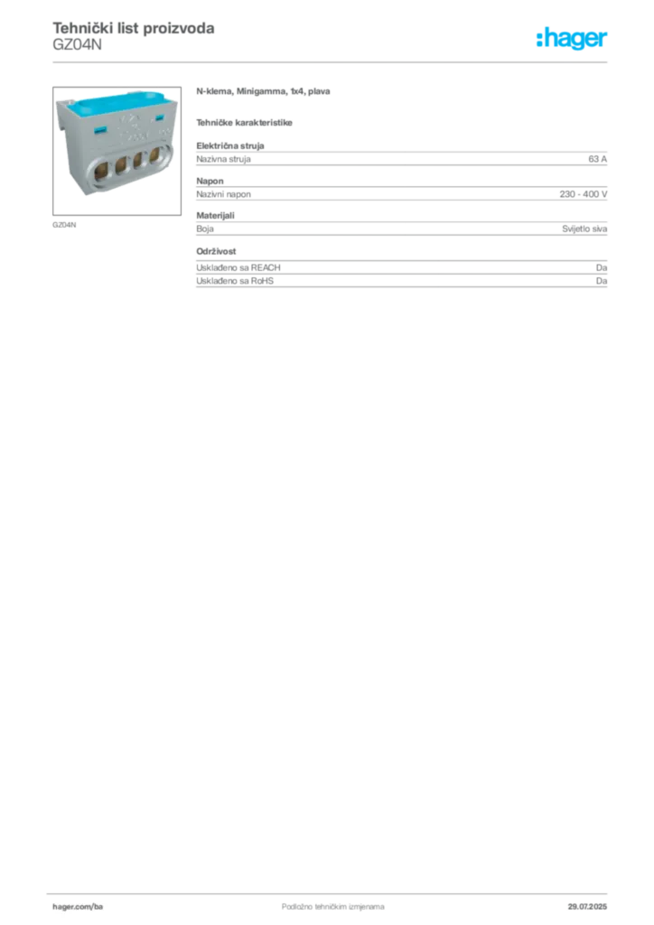 Slika Hager Product data sheet GZ04N  | Hager
