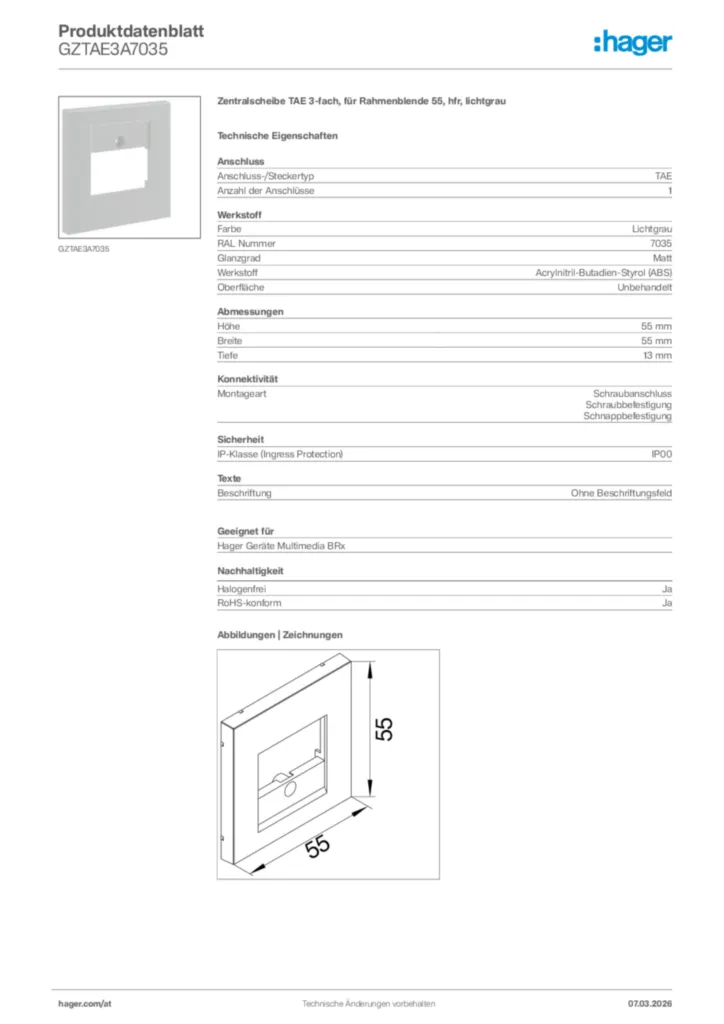 Bild Hager Produktdatenblatt GZTAE3A7035 | Hager Deutschland