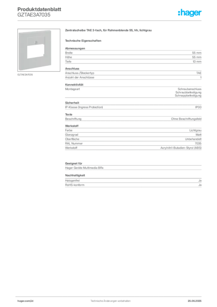 Bild Hager Produktdatenblatt GZTAE3A7035 | Hager Deutschland