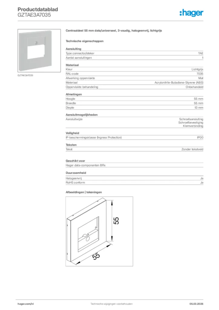 Afbeelding Hager Productdatablad GZTAE3A7035 | Hager Nederland