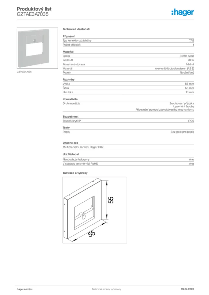 Obrázek Hager Product data sheet GZTAE3A7035 | Hager