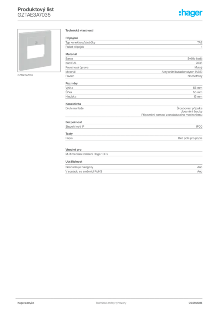 Obrázek Hager Produktový list GZTAE3A7035 | Hager