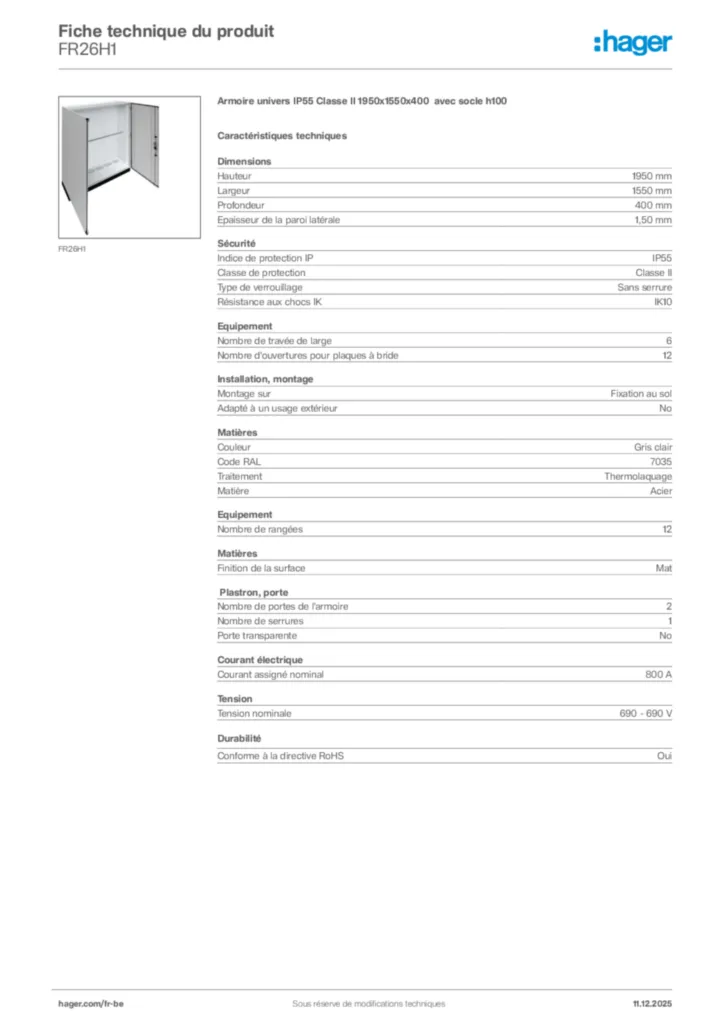 Image Hager Fiche technique du produit FR26H1 | Hager Belgique