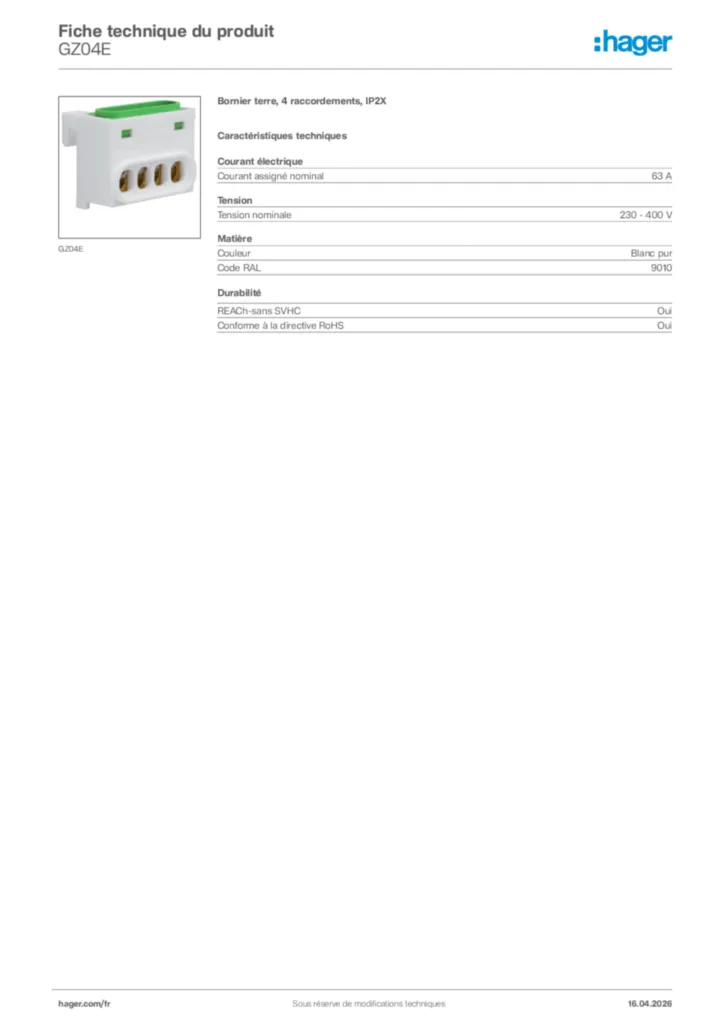 Image Hager Fiche technique du produit GZ04E | Hager France