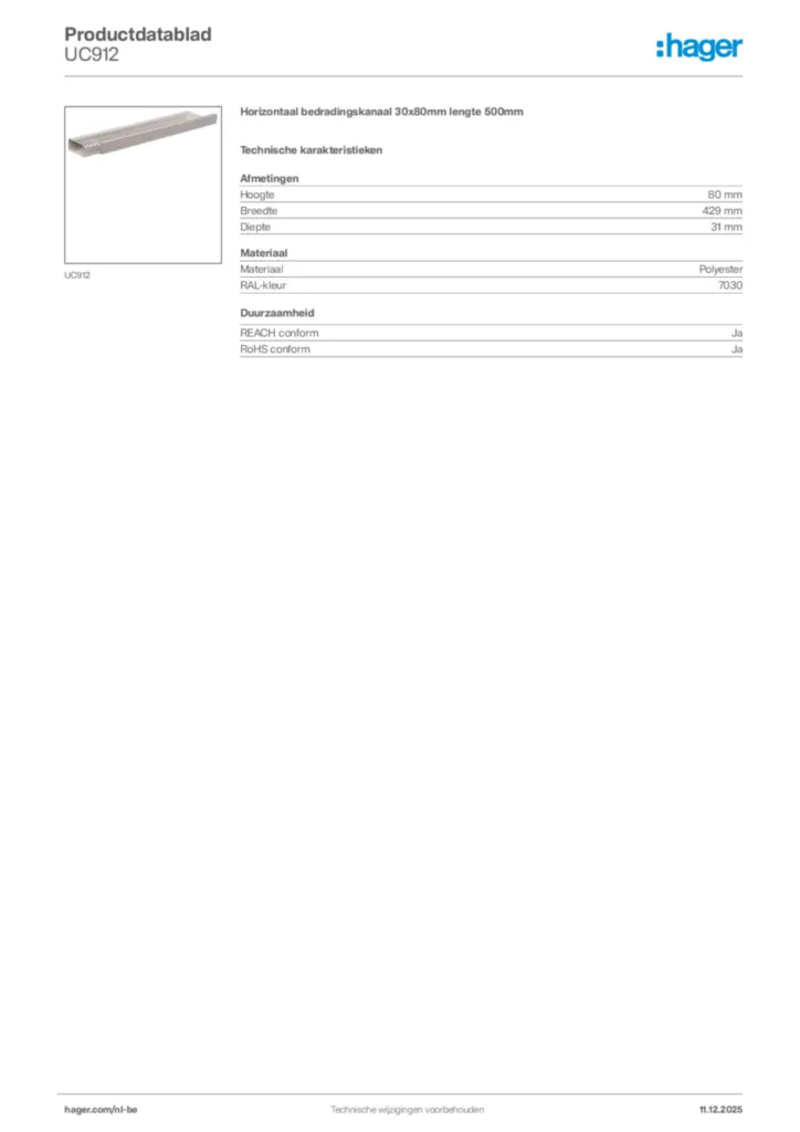 Afbeelding Hager Productdatablad UC912 | Hager Belgium