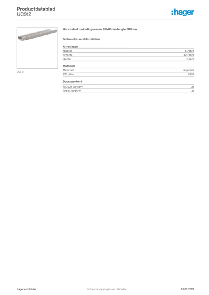 Afbeelding Hager Productdatablad UC912 | Hager Belgium