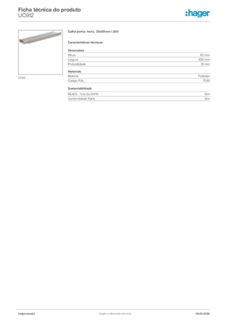 Imagem Hager Ficha técnica do produto UC912 | Hager Portugal