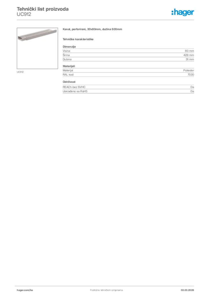 Slika Hager Tehnički list proizvoda UC912  | Hager
