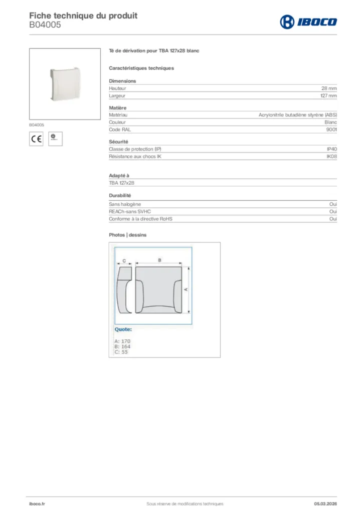 Image Iboco Fiche technique du produit B04005 | Hager France