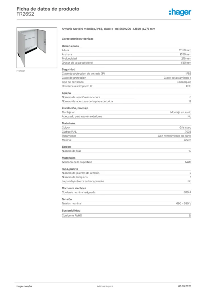 Imagen Hager Ficha de datos de producto FR26S2 | Hager España