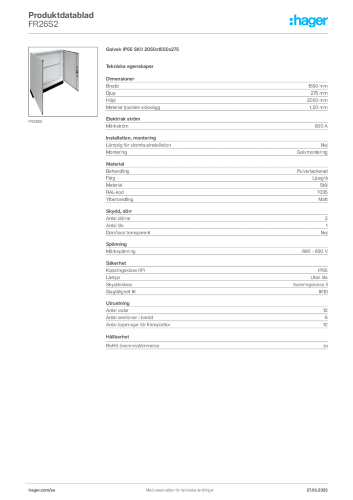 Bild Hager Produktdatablad FR26S2 | Hager Sverige