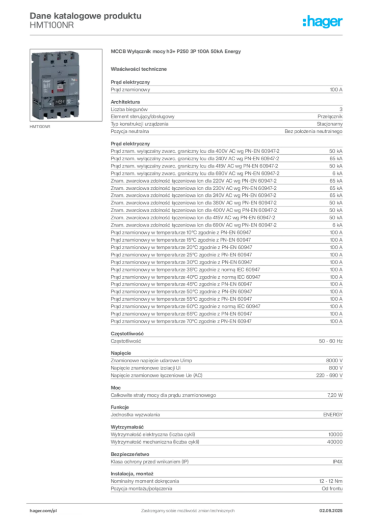 Zdjęcie Hager Karta katalogowa HMT100NR | Hager Polska