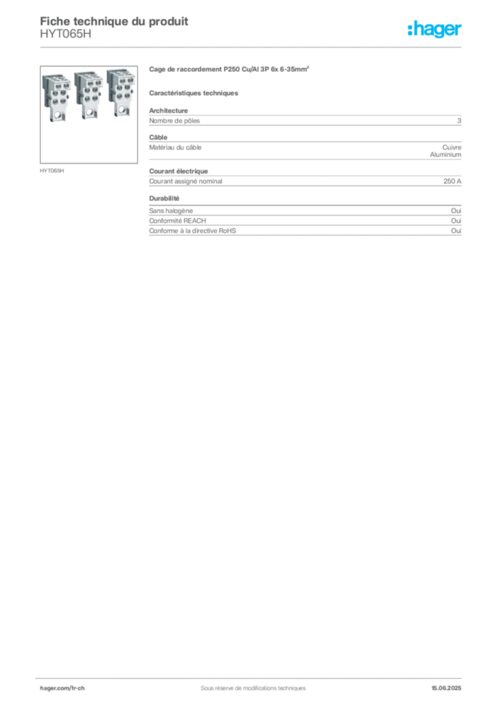 Image Hager Fiche technique du produit HYT065H | Hager Suisse